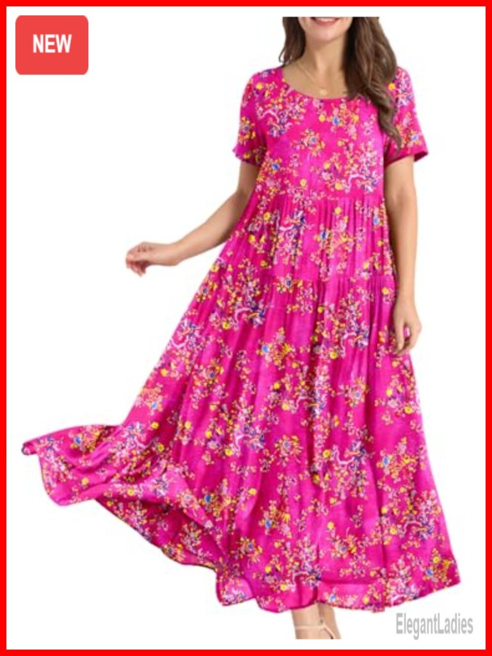 Women Bohemian Floral Maxi Dress with Pockets Short Sleeve Summer Beach Swing